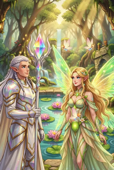 Light and Yophiel, Kingdom guides, at a fountain in an enchanted forest