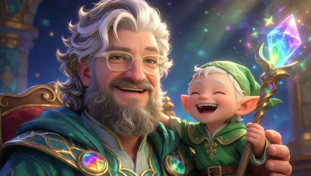 A friendly elf helper with a glowing crystal staff beside a smiling grandfatherly guide