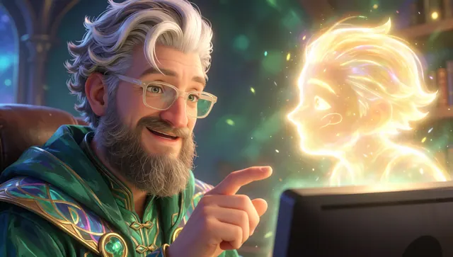 The helper guide pointing at a computer screen while a glowing light companion helps